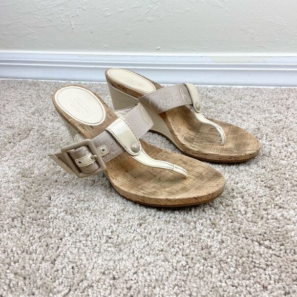 Coach Bernadette Patent T Leather Strap Cork Wedge - Picture 1 of 6